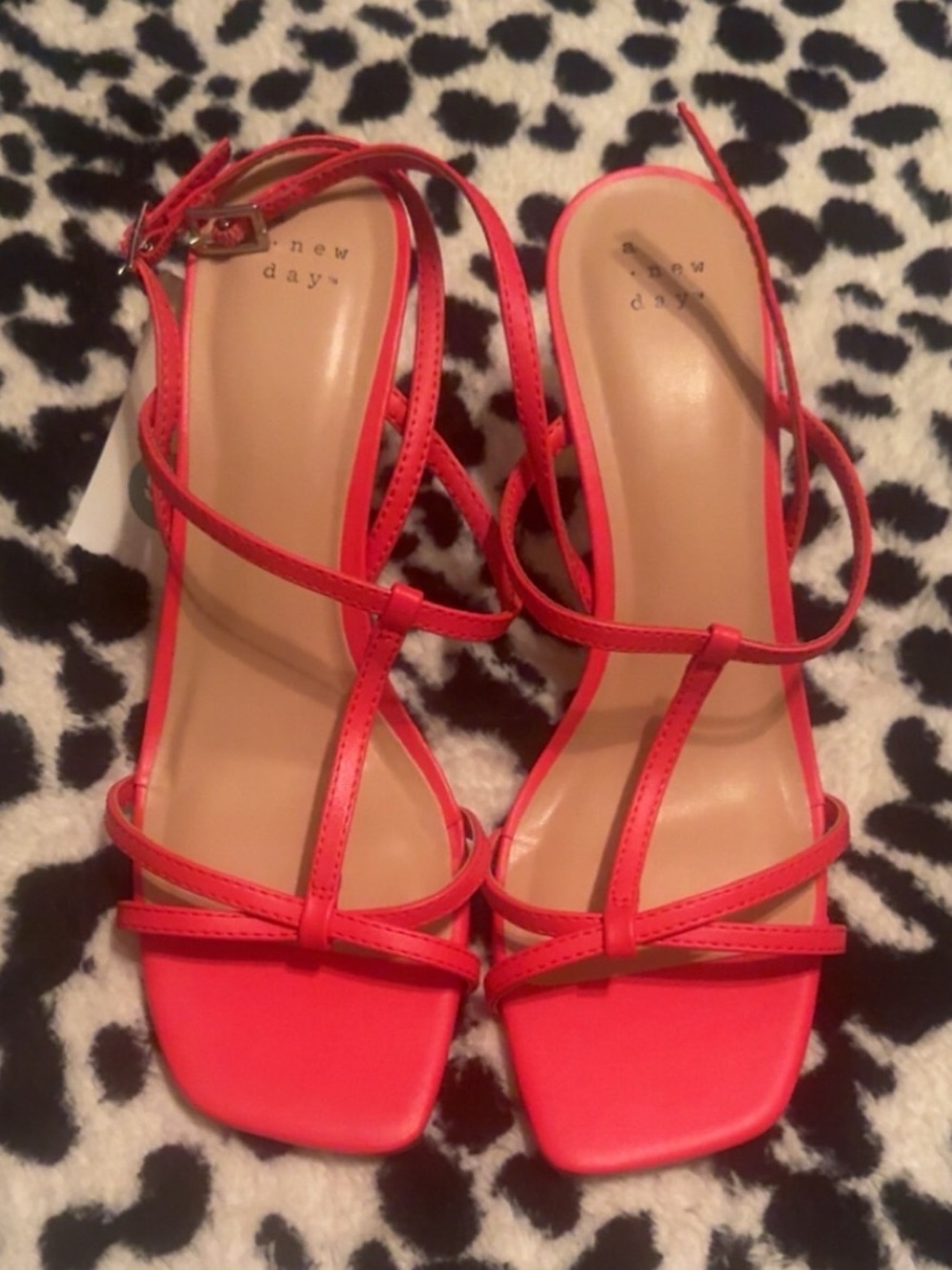 a new day Coral-Red Strappy Square-Toe Heeled Sandals